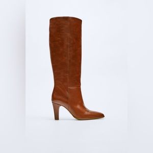ZARA NEW KNEE HIGH MID HEIGHT HEELED LEATHER BOOTS